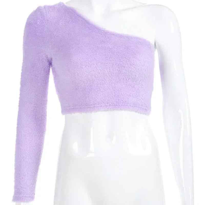 2021 Asymmetrical One Shoulder Tops for Women - Casual Purple Long Sleeve Crop T-Shirt - The Velvet Finch