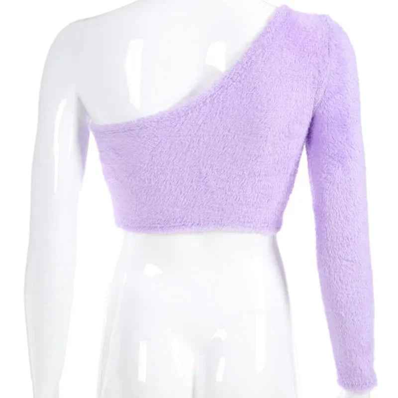 2021 Asymmetrical One Shoulder Tops for Women - Casual Purple Long Sleeve Crop T-Shirt - The Velvet Finch