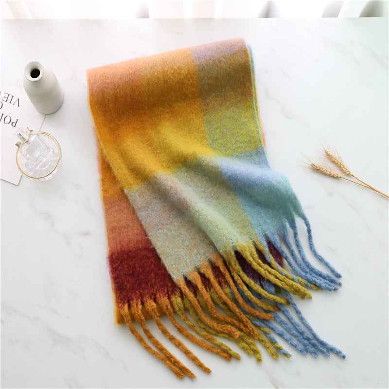 Autumn and winter thickened and warm striped plaid scarves