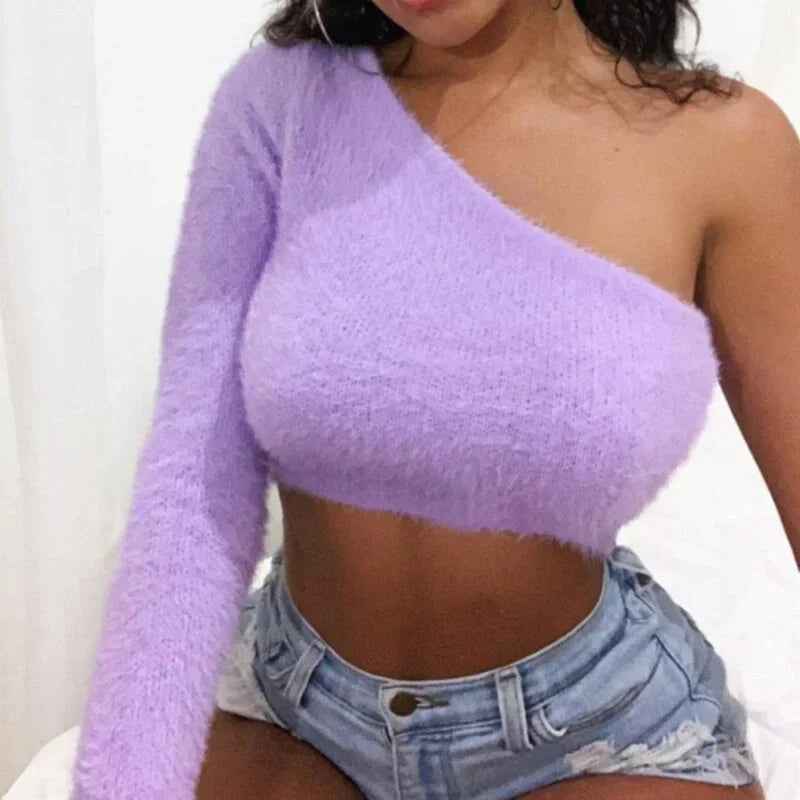 2021 Asymmetrical One Shoulder Tops for Women - Casual Purple Long Sleeve Crop T-Shirt - The Velvet Finch