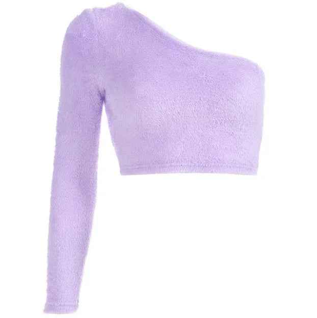 2021 Asymmetrical One Shoulder Tops for Women - Casual Purple Long Sleeve Crop T-Shirt - The Velvet Finch